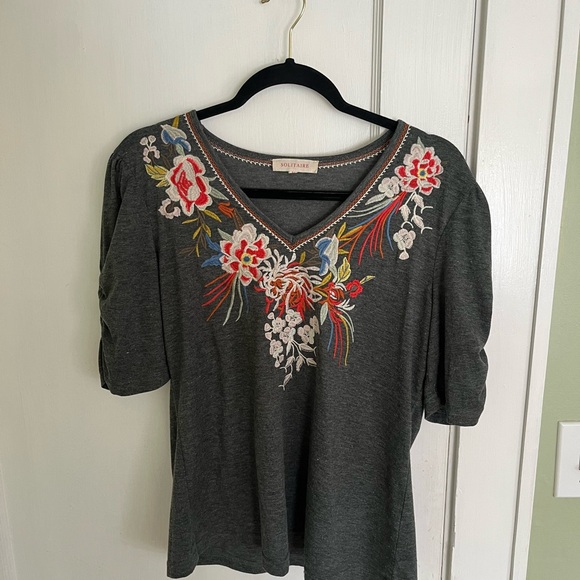 Solitaire Tops - Solitaire Gray Embroidered Women’s Top